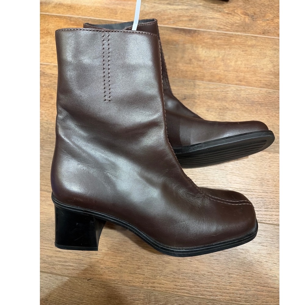 La Canadienne Brown Leather Square Toe Block Heel Ankle Boots 16485 Womens 8 M